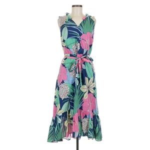 Talbots Sleeveless Floral Belted Midi Sun Dress Ruffle V Neck
